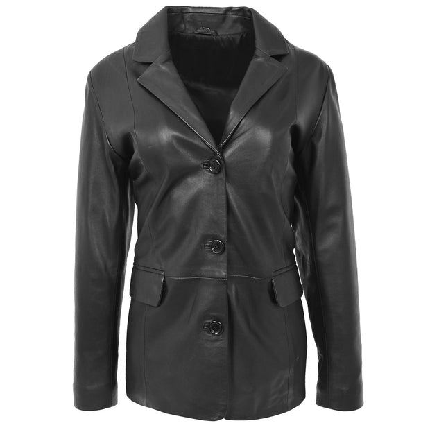 Womens Soft Black Leather Blazer Jacket Button Fasten Semi Fit Coat Leila