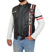Mens Biker Leather Jacket Black White Sleeves Badges Stripes Sports Style Gears Front Side Open