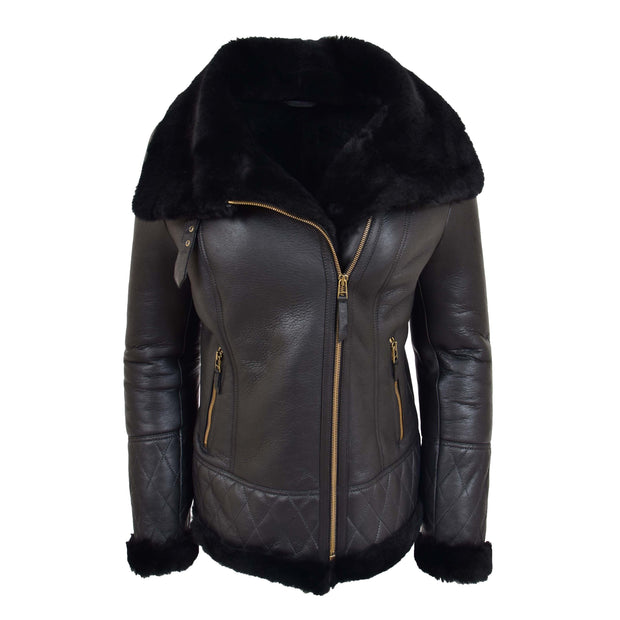 Super Luxurious Womens Real Sheepskin Jacket Aviator Coat Alexa Black