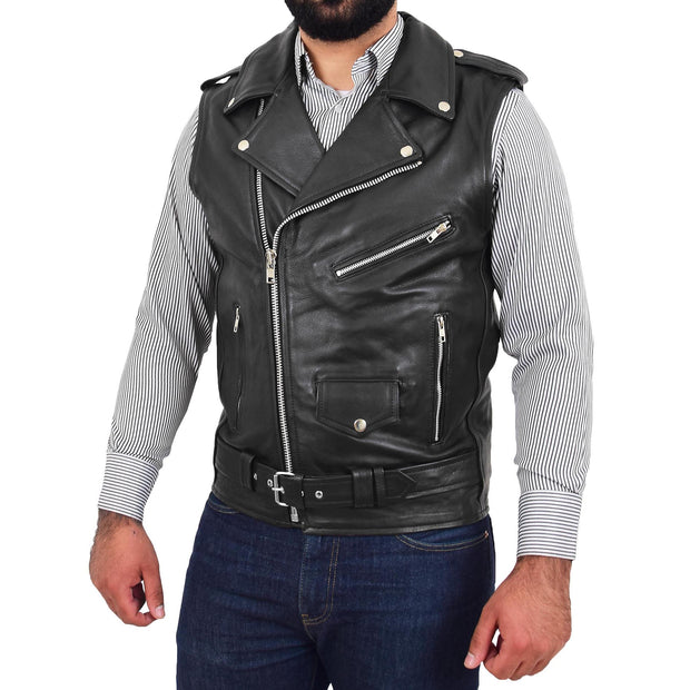 Mens Cowhide Leather Biker Waistcoat Sleeveless Brando Style Gilet Hurley Black