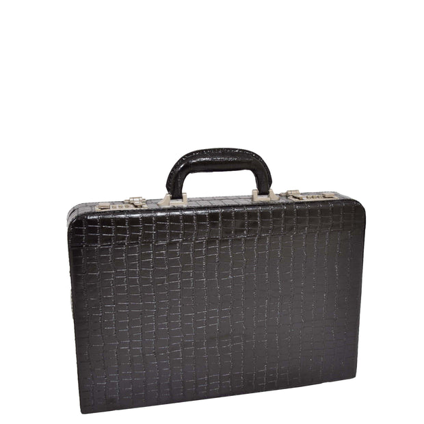 Black Leather Look Attache Croc Print Small Briefcase Dual Lock Lyon Front Angle