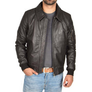 Mens Real Cowhide Bomber Leather Pilot Jacket Lance Brown Open