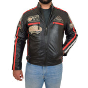 Mens Black Real Leather Biker Jacket Motorsport Racing Badges Designer Coat Frank Front