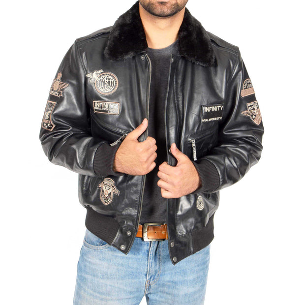 Mens Pilot Leather Jacket Air Force Badges Bomber Coat Luca Black