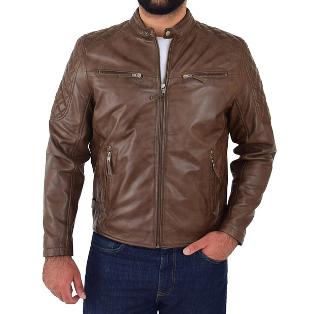 Mens Soft Leather Biker Jacket High Quality Quilted Design Tucker Timber Brown Front 1