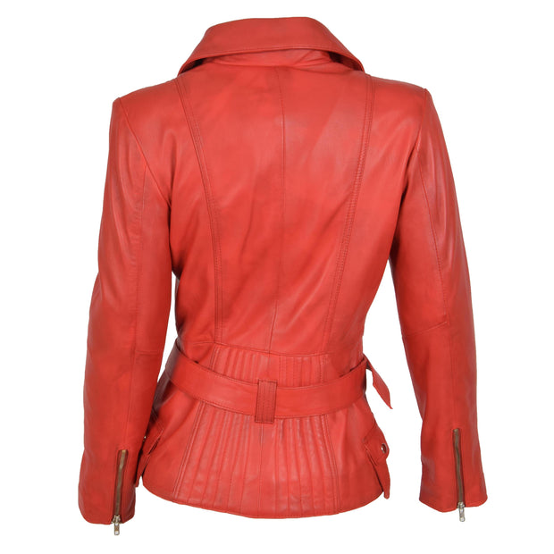 Womens Biker Leather Jacket Slim Fit Cut Hip Length Coat Coco Red Back