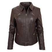Ladies Soft Leather Jacket Fitted Collared Zip Fasten Biker Style Leah Brown