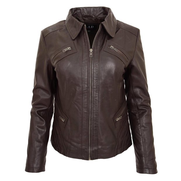 Ladies Soft Leather Jacket Fitted Collared Zip Fasten Biker Style Leah Brown
