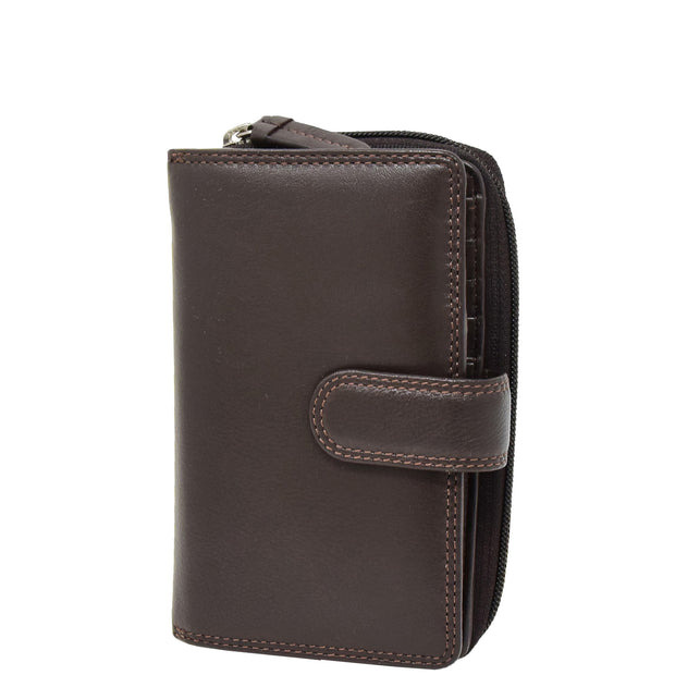 Womens Leather Clutch Wallet Zip Around Purse AV33 Brown Front