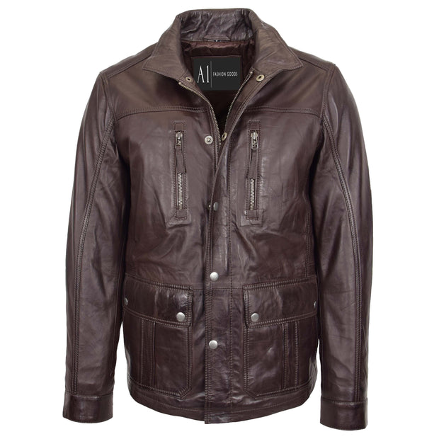Mens Genuine Leather Parka Jacket 3/4 Long Car Coat RUSSO Brown 1