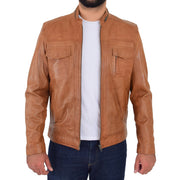 Mens Biker Leather Jacket Cognac Soft Nappa Fitted Standing Collar Tats Open 1