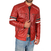 Mens Biker Leather Jacket Stripes Standing Collar Coat Ricky Red