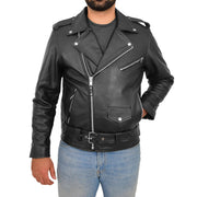 Genuine Cowhide Biker Leather Jacket For Men Casual Brando Coat Rock Black Front