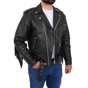 Mens Black Cowhide Biker Jacket With Leather Fringes Belt Tasselled Coat Bill Open 1