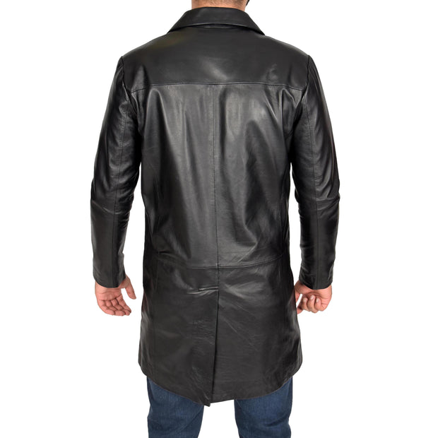 Mens 3/4 Long Leather Coat Classic Trench Overcoat Jones Black Back