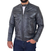 Trendy Genuine Soft Leather Biker Zipper Jacket For Men Rider Grey Front 2