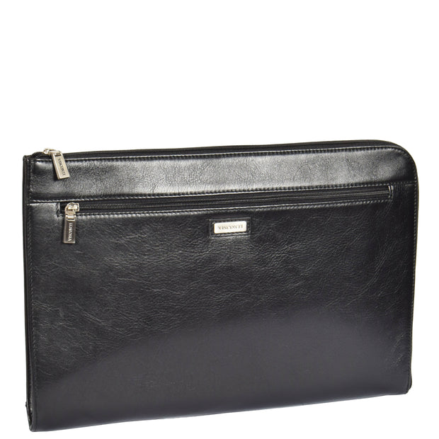 Real Leather Zip Around Folio Underarm iPad Tablet Bag Black A28