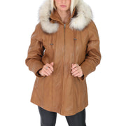 Womens Zip up Detachable Hood Parka Duffle Leather Coat Isabella Tan