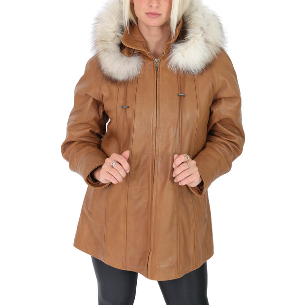 Womens Zip up Detachable Hood Parka Duffle Leather Coat Isabella Tan