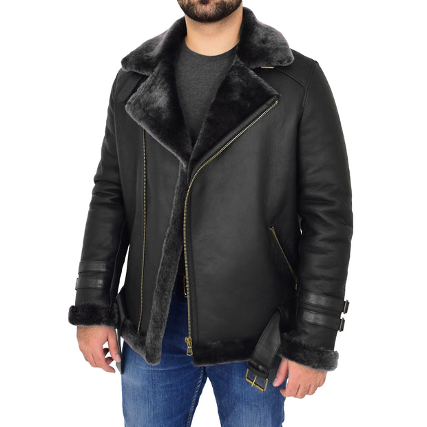 Mens Real Sheepskin Jacket Black X-Zip Aviator Brando Shearling Coat Hugh Open