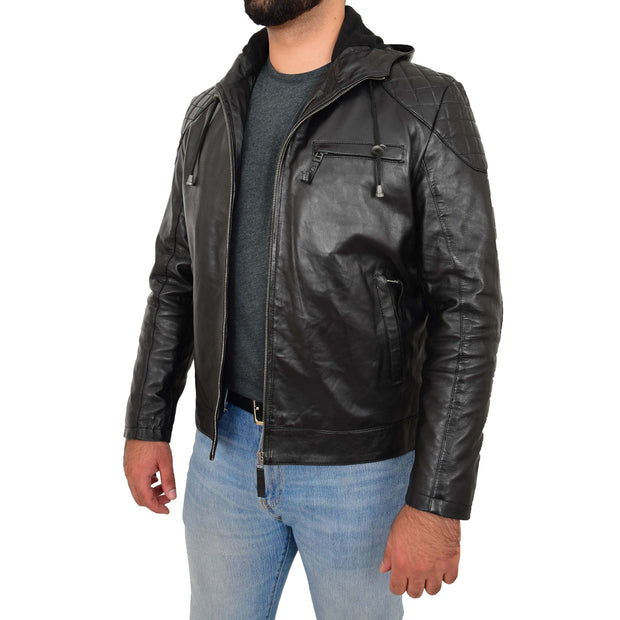 Mens Real Black Leather Hooded Jacket Sports Fitted Biker Style Coat Barry Open Side 1