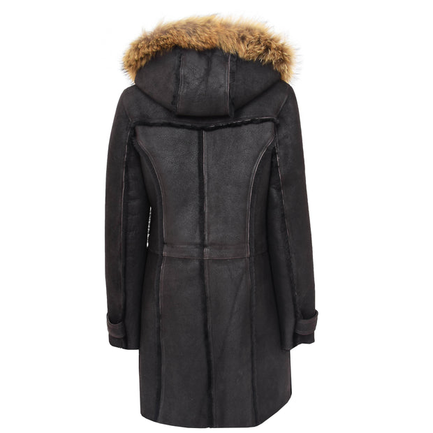 Womens Genuine Sheepskin Duffle Coat Hooded Shearling Jacket Evie Brown Back