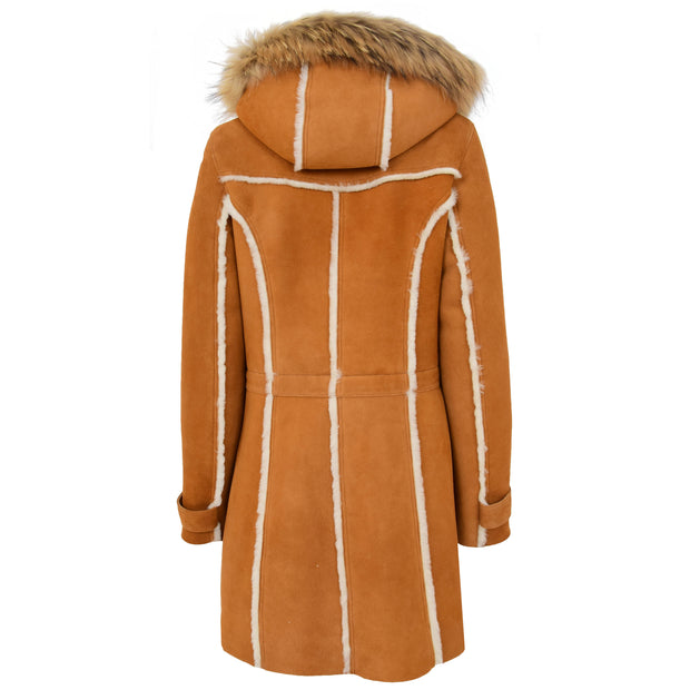 Womens Genuine Sheepskin Duffle Coat Hooded Shearling Jacket Evie Tan Back