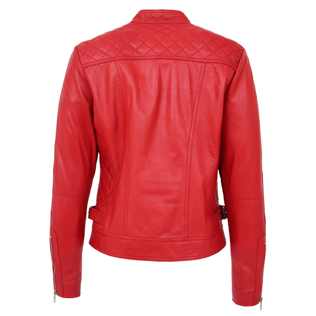Womens Soft Red Leather Biker Jacket Designer Stylish Fitted Quilted Celeste Back