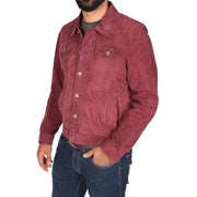 Mens Real Soft Goat Suede Trucker Denim Style Jacket Chuck Burgundy Front 1