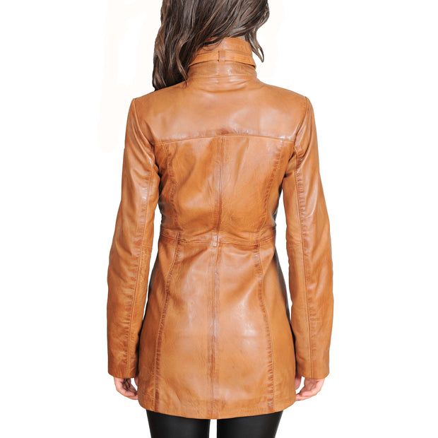 Womens 3/4 Long Zip Fasten Leather Jacket Carol Tan Back