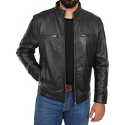 Mens Genuine Leather Biker Jacket Fitted Zip Up Coat Felix Black Open 1