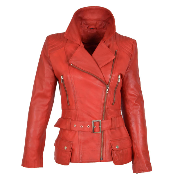 Womens Biker Leather Jacket Slim Fit Cut Hip Length Coat Coco Red Front 2