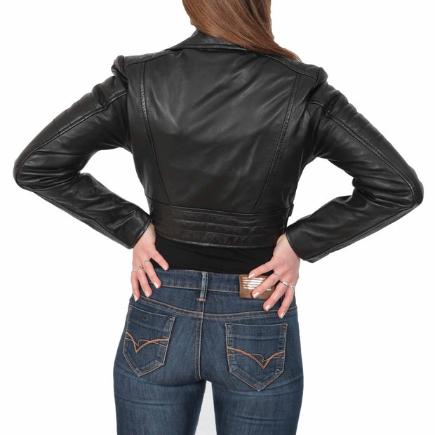 Womens Fitted Cropped Bustier Style Leather Jacket Amanda Black Back