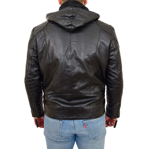 Mens Real Black Leather Hooded Jacket Sports Fitted Biker Style Coat Barry Back