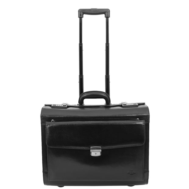 Exclusive Real Black Leather Pilot Case Wheeled Cabin Bag Briefcase London Front 1