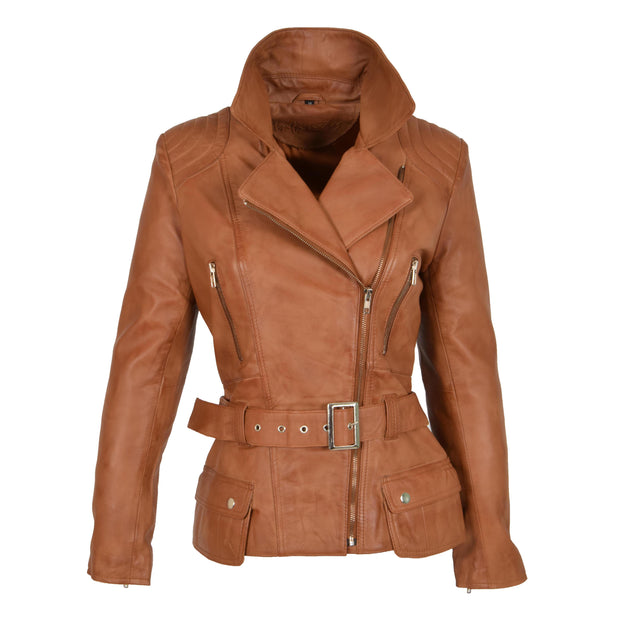 Womens Biker Leather Jacket Slim Fit Cut Hip Length Coat Coco Tan Front 3
