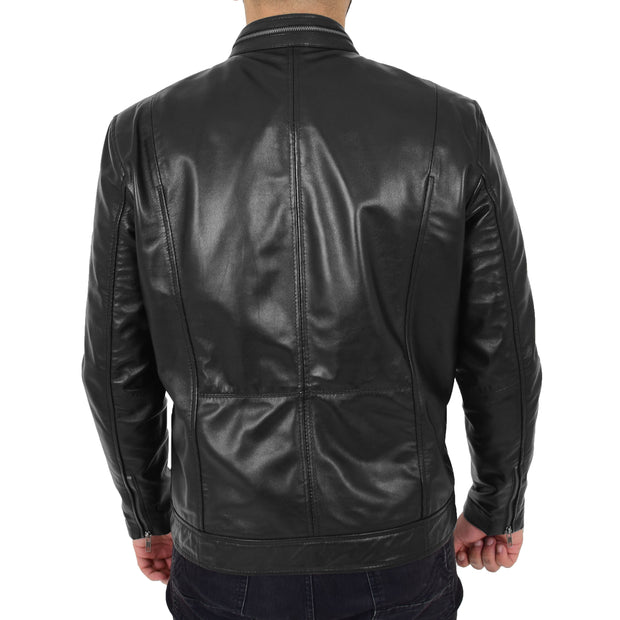 Mens Biker Leather Jacket Black Soft Nappa Fitted Standing Collar Tats Back