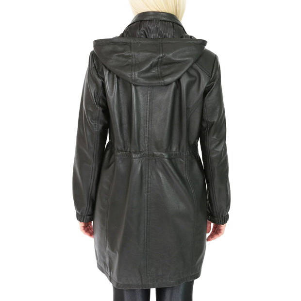 Ladies Duffle Leather Coat 3/4 Long Detachable Hood Classic Parka Jacket Liza Black Back 1