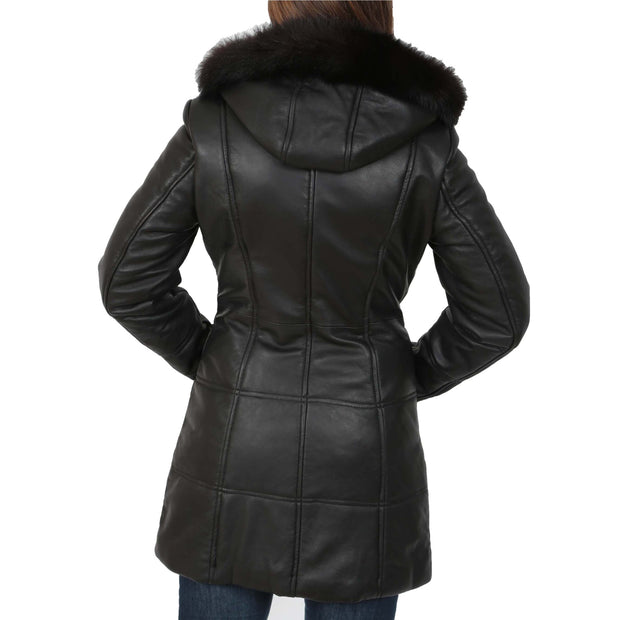 Womens Quilted 3/4 Long Parka Leather Coat with Hood Kelly Black Back 1