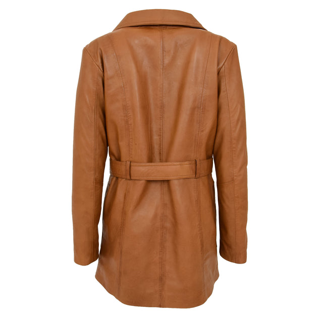Womens Real Leather Mid Length Trench Parka Coat Alba Tan Back
