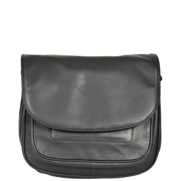 Womens Soft BLACK Leather Multi Zip Pockets Shoulder Bag A95 Front
