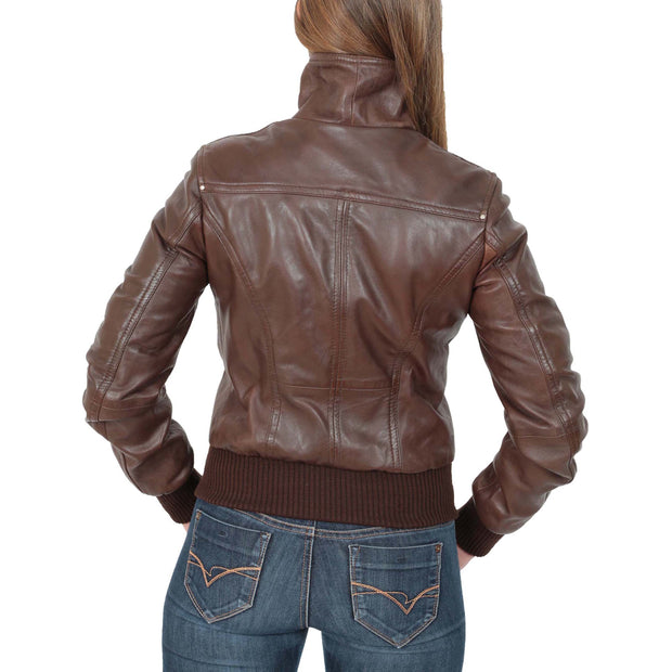 Womens Slim Fit Bomber Leather Jacket Cameron Brown Back