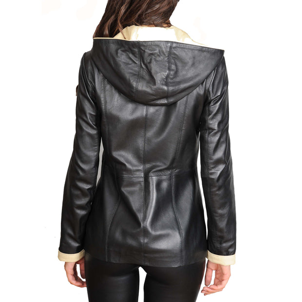 Womens Real Leather Blazer Jacket Mid Length Hooded Coat Eva Black Back