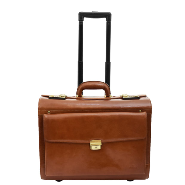 Exclusive Real Cognac Leather Pilot Case Wheeled Cabin Bag Briefcase London Front 1