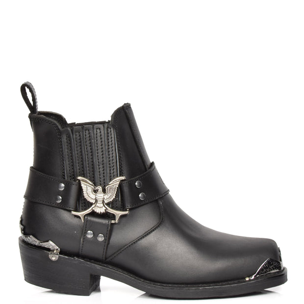 Real Leather Square Toe Eagle Design Ankle Boots AEB77L Black Side 1
