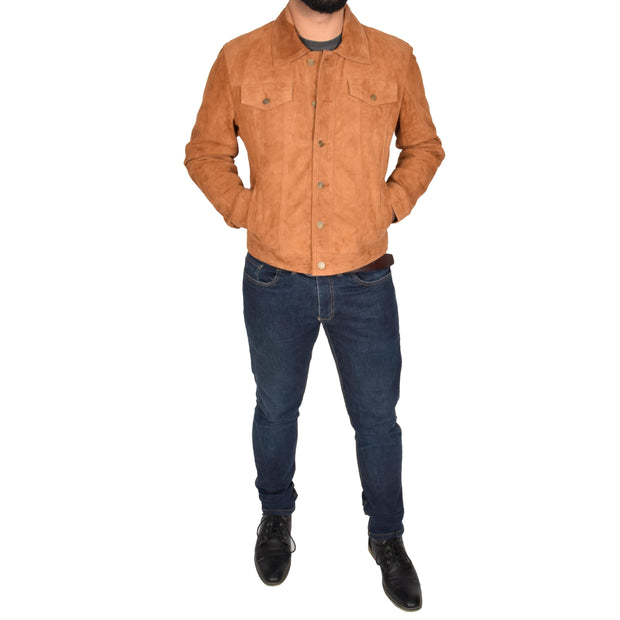 Mens Real Soft Goat Suede Trucker Denim Style Jacket Chuck Tan Full
