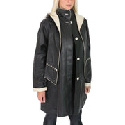 Ladies Parka Leather Coat Black Beige Trim Hooded with Scarf Dress Jacket Pat Front 1