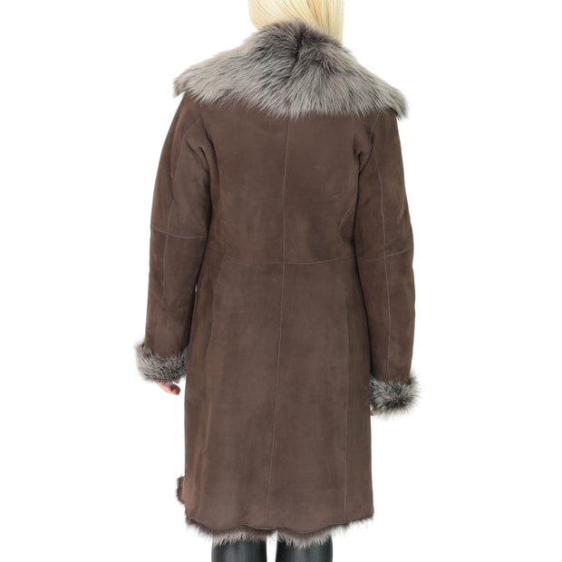 Womens Luxurious Toscana Long Coat Real Sheepskin Pamela Brown Back