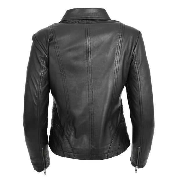 Ladies Soft Leather Jacket Fitted Collared Zip Fasten Biker Style Leah Black Back