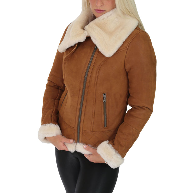 Super Luxurious Womens Real Sheepskin Jacket Aviator Coat Alexa Tan Front
